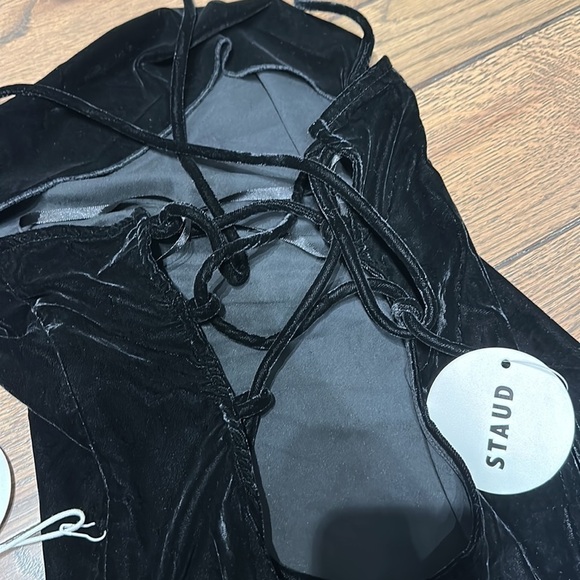 NWT Staud Bellamy Lace Up Square Neck Black Velvet Slit Front Gown - Picture 7 of 7